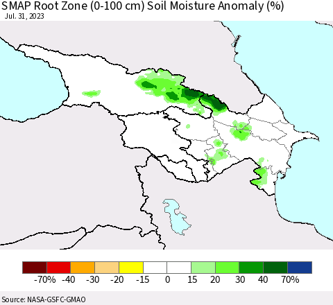 Azerbaijan, Armenia and Georgia SMAP Root Zone (0-100 cm) Soil Moisture Anomaly (%) Thematic Map For 7/26/2023 - 7/31/2023