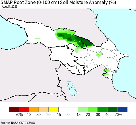 Azerbaijan, Armenia and Georgia SMAP Root Zone (0-100 cm) Soil Moisture Anomaly (%) Thematic Map For 8/1/2023 - 8/5/2023
