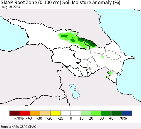 Azerbaijan, Armenia and Georgia SMAP Root Zone (0-100 cm) Soil Moisture Anomaly (%) Thematic Map For 8/6/2023 - 8/10/2023