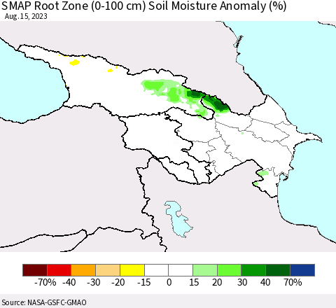 Azerbaijan, Armenia and Georgia SMAP Root Zone (0-100 cm) Soil Moisture Anomaly (%) Thematic Map For 8/11/2023 - 8/15/2023