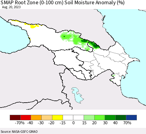 Azerbaijan, Armenia and Georgia SMAP Root Zone (0-100 cm) Soil Moisture Anomaly (%) Thematic Map For 8/16/2023 - 8/20/2023