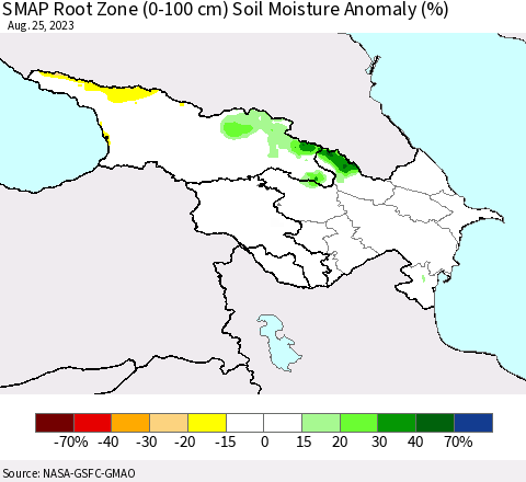 Azerbaijan, Armenia and Georgia SMAP Root Zone (0-100 cm) Soil Moisture Anomaly (%) Thematic Map For 8/21/2023 - 8/25/2023