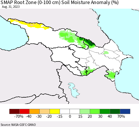 Azerbaijan, Armenia and Georgia SMAP Root Zone (0-100 cm) Soil Moisture Anomaly (%) Thematic Map For 8/26/2023 - 8/31/2023