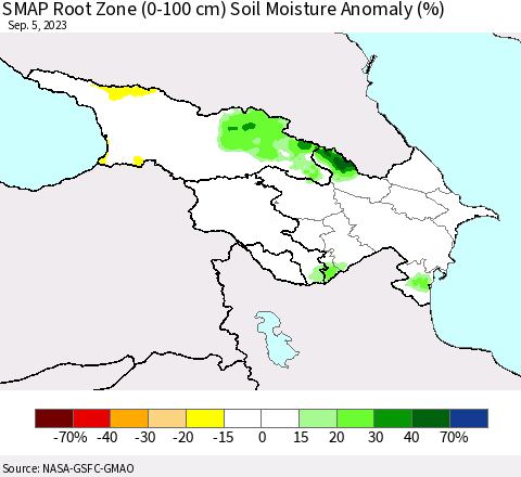 Azerbaijan, Armenia and Georgia SMAP Root Zone (0-100 cm) Soil Moisture Anomaly (%) Thematic Map For 9/1/2023 - 9/5/2023