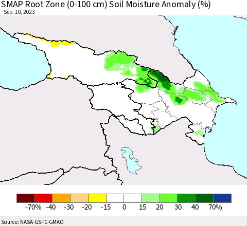 Azerbaijan, Armenia and Georgia SMAP Root Zone (0-100 cm) Soil Moisture Anomaly (%) Thematic Map For 9/6/2023 - 9/10/2023