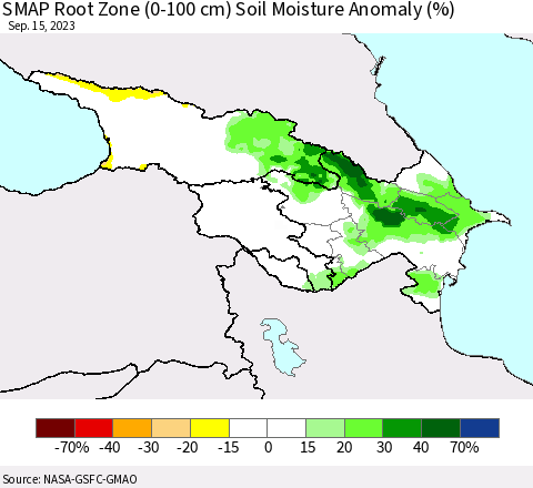 Azerbaijan, Armenia and Georgia SMAP Root Zone (0-100 cm) Soil Moisture Anomaly (%) Thematic Map For 9/11/2023 - 9/15/2023