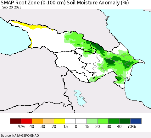 Azerbaijan, Armenia and Georgia SMAP Root Zone (0-100 cm) Soil Moisture Anomaly (%) Thematic Map For 9/16/2023 - 9/20/2023