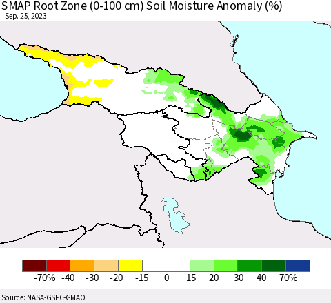 Azerbaijan, Armenia and Georgia SMAP Root Zone (0-100 cm) Soil Moisture Anomaly (%) Thematic Map For 9/21/2023 - 9/25/2023