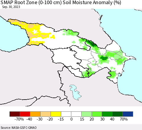 Azerbaijan, Armenia and Georgia SMAP Root Zone (0-100 cm) Soil Moisture Anomaly (%) Thematic Map For 9/26/2023 - 9/30/2023