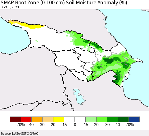 Azerbaijan, Armenia and Georgia SMAP Root Zone (0-100 cm) Soil Moisture Anomaly (%) Thematic Map For 10/1/2023 - 10/5/2023