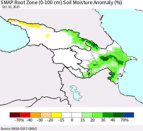 Azerbaijan, Armenia and Georgia SMAP Root Zone (0-100 cm) Soil Moisture Anomaly (%) Thematic Map For 10/6/2023 - 10/10/2023