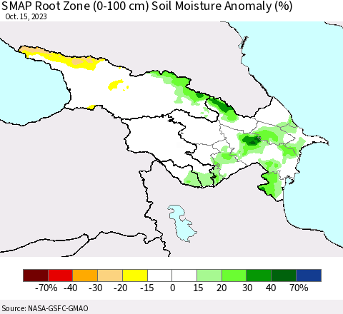 Azerbaijan, Armenia and Georgia SMAP Root Zone (0-100 cm) Soil Moisture Anomaly (%) Thematic Map For 10/11/2023 - 10/15/2023