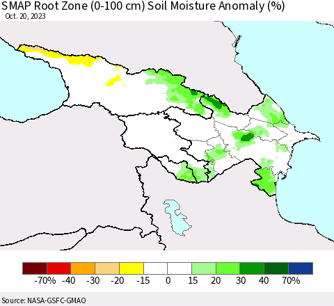 Azerbaijan, Armenia and Georgia SMAP Root Zone (0-100 cm) Soil Moisture Anomaly (%) Thematic Map For 10/16/2023 - 10/20/2023