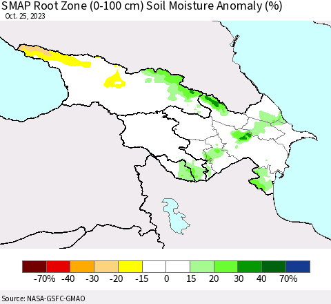 Azerbaijan, Armenia and Georgia SMAP Root Zone (0-100 cm) Soil Moisture Anomaly (%) Thematic Map For 10/21/2023 - 10/25/2023