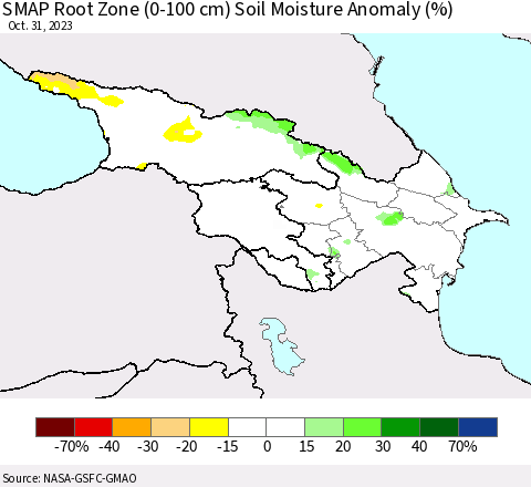 Azerbaijan, Armenia and Georgia SMAP Root Zone (0-100 cm) Soil Moisture Anomaly (%) Thematic Map For 10/26/2023 - 10/31/2023