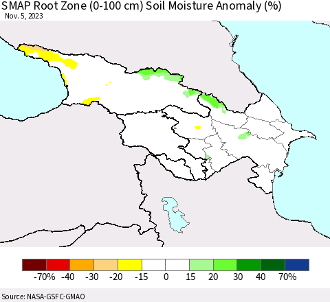 Azerbaijan, Armenia and Georgia SMAP Root Zone (0-100 cm) Soil Moisture Anomaly (%) Thematic Map For 11/1/2023 - 11/5/2023