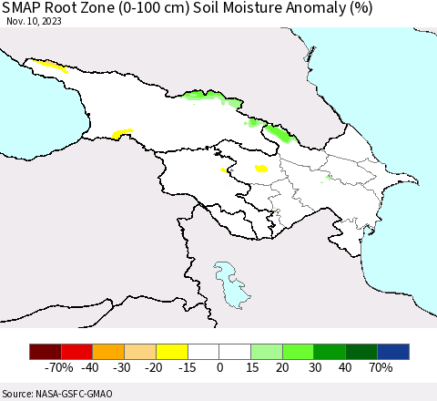 Azerbaijan, Armenia and Georgia SMAP Root Zone (0-100 cm) Soil Moisture Anomaly (%) Thematic Map For 11/6/2023 - 11/10/2023