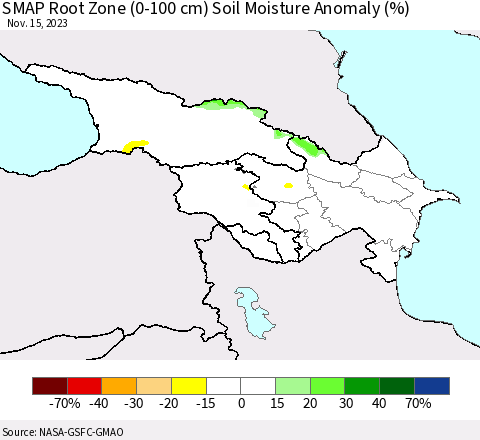 Azerbaijan, Armenia and Georgia SMAP Root Zone (0-100 cm) Soil Moisture Anomaly (%) Thematic Map For 11/11/2023 - 11/15/2023