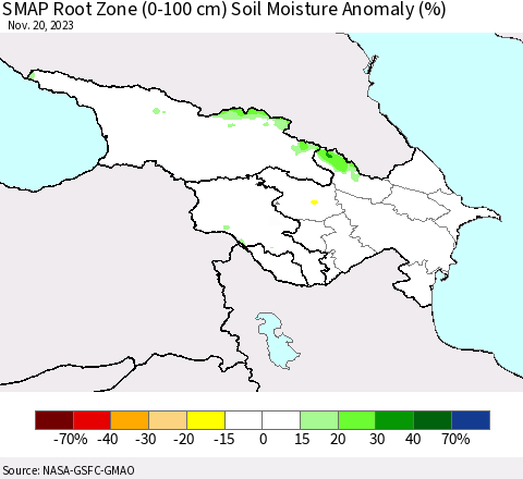 Azerbaijan, Armenia and Georgia SMAP Root Zone (0-100 cm) Soil Moisture Anomaly (%) Thematic Map For 11/16/2023 - 11/20/2023