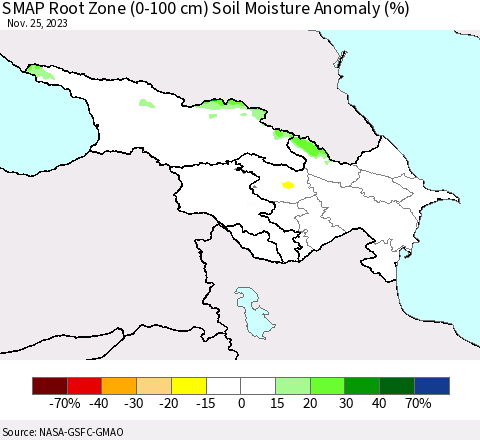 Azerbaijan, Armenia and Georgia SMAP Root Zone (0-100 cm) Soil Moisture Anomaly (%) Thematic Map For 11/21/2023 - 11/25/2023
