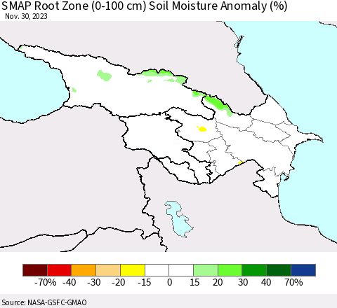Azerbaijan, Armenia and Georgia SMAP Root Zone (0-100 cm) Soil Moisture Anomaly (%) Thematic Map For 11/26/2023 - 11/30/2023