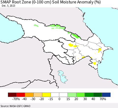 Azerbaijan, Armenia and Georgia SMAP Root Zone (0-100 cm) Soil Moisture Anomaly (%) Thematic Map For 12/1/2023 - 12/5/2023