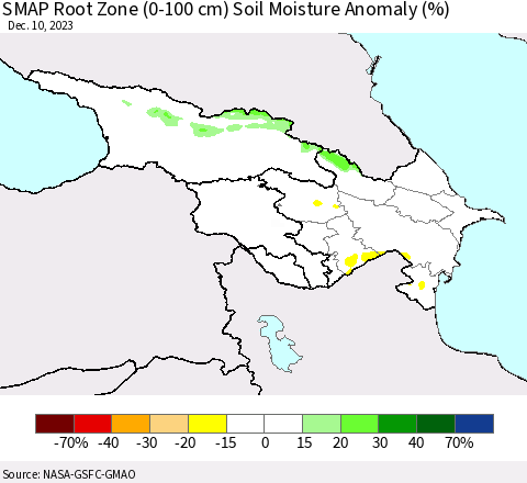 Azerbaijan, Armenia and Georgia SMAP Root Zone (0-100 cm) Soil Moisture Anomaly (%) Thematic Map For 12/6/2023 - 12/10/2023