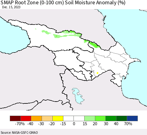 Azerbaijan, Armenia and Georgia SMAP Root Zone (0-100 cm) Soil Moisture Anomaly (%) Thematic Map For 12/11/2023 - 12/15/2023
