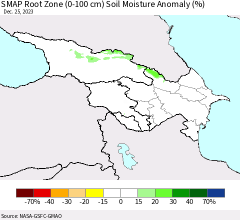Azerbaijan, Armenia and Georgia SMAP Root Zone (0-100 cm) Soil Moisture Anomaly (%) Thematic Map For 12/21/2023 - 12/25/2023