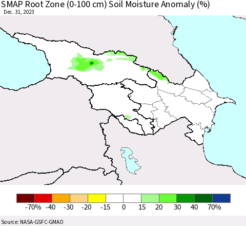 Azerbaijan, Armenia and Georgia SMAP Root Zone (0-100 cm) Soil Moisture Anomaly (%) Thematic Map For 12/26/2023 - 12/31/2023