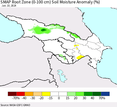 Azerbaijan, Armenia and Georgia SMAP Root Zone (0-100 cm) Soil Moisture Anomaly (%) Thematic Map For 1/6/2024 - 1/10/2024