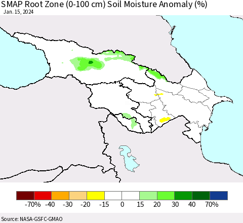 Azerbaijan, Armenia and Georgia SMAP Root Zone (0-100 cm) Soil Moisture Anomaly (%) Thematic Map For 1/11/2024 - 1/15/2024