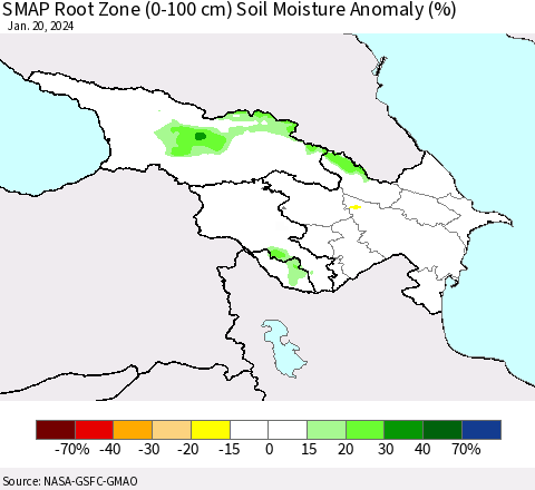 Azerbaijan, Armenia and Georgia SMAP Root Zone (0-100 cm) Soil Moisture Anomaly (%) Thematic Map For 1/16/2024 - 1/20/2024