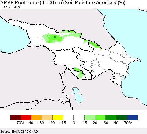 Azerbaijan, Armenia and Georgia SMAP Root Zone (0-100 cm) Soil Moisture Anomaly (%) Thematic Map For 1/21/2024 - 1/25/2024
