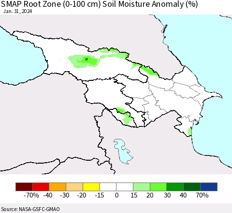 Azerbaijan, Armenia and Georgia SMAP Root Zone (0-100 cm) Soil Moisture Anomaly (%) Thematic Map For 1/26/2024 - 1/31/2024