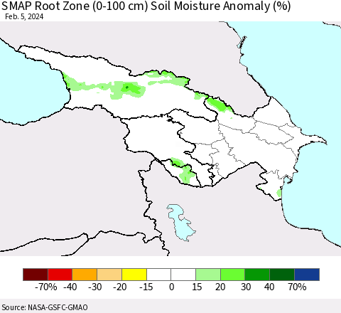 Azerbaijan, Armenia and Georgia SMAP Root Zone (0-100 cm) Soil Moisture Anomaly (%) Thematic Map For 2/1/2024 - 2/5/2024