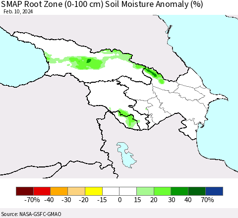Azerbaijan, Armenia and Georgia SMAP Root Zone (0-100 cm) Soil Moisture Anomaly (%) Thematic Map For 2/6/2024 - 2/10/2024