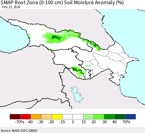 Azerbaijan, Armenia and Georgia SMAP Root Zone (0-100 cm) Soil Moisture Anomaly (%) Thematic Map For 2/11/2024 - 2/15/2024