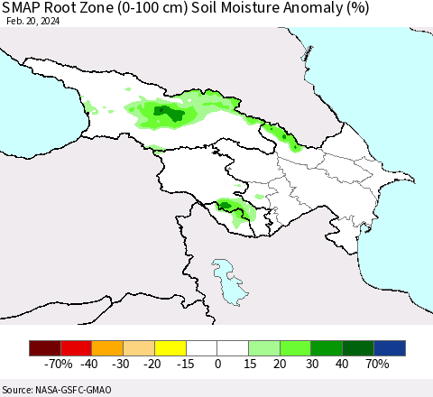Azerbaijan, Armenia and Georgia SMAP Root Zone (0-100 cm) Soil Moisture Anomaly (%) Thematic Map For 2/16/2024 - 2/20/2024