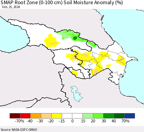 Azerbaijan, Armenia and Georgia SMAP Root Zone (0-100 cm) Soil Moisture Anomaly (%) Thematic Map For 2/21/2024 - 2/25/2024