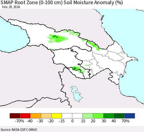 Azerbaijan, Armenia and Georgia SMAP Root Zone (0-100 cm) Soil Moisture Anomaly (%) Thematic Map For 2/26/2024 - 2/29/2024