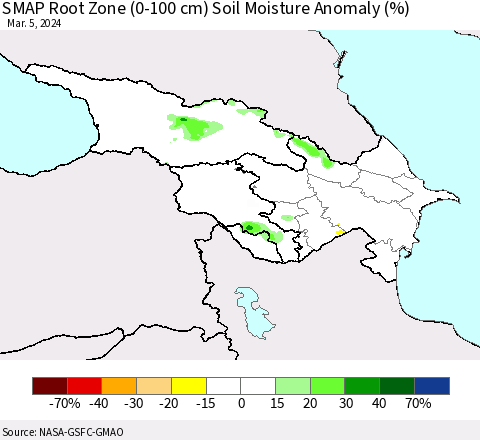 Azerbaijan, Armenia and Georgia SMAP Root Zone (0-100 cm) Soil Moisture Anomaly (%) Thematic Map For 3/1/2024 - 3/5/2024