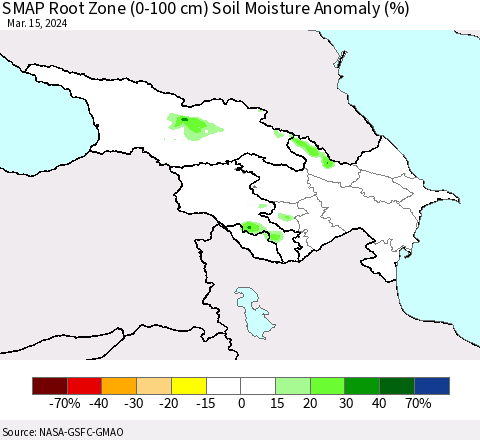 Azerbaijan, Armenia and Georgia SMAP Root Zone (0-100 cm) Soil Moisture Anomaly (%) Thematic Map For 3/11/2024 - 3/15/2024