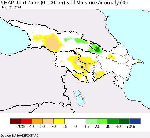 Azerbaijan, Armenia and Georgia SMAP Root Zone (0-100 cm) Soil Moisture Anomaly (%) Thematic Map For 3/16/2024 - 3/20/2024