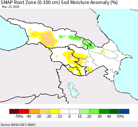Azerbaijan, Armenia and Georgia SMAP Root Zone (0-100 cm) Soil Moisture Anomaly (%) Thematic Map For 3/21/2024 - 3/25/2024