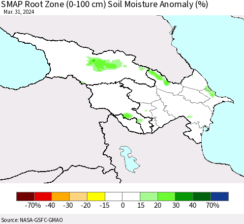 Azerbaijan, Armenia and Georgia SMAP Root Zone (0-100 cm) Soil Moisture Anomaly (%) Thematic Map For 3/26/2024 - 3/31/2024