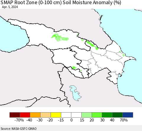 Azerbaijan, Armenia and Georgia SMAP Root Zone (0-100 cm) Soil Moisture Anomaly (%) Thematic Map For 4/1/2024 - 4/5/2024