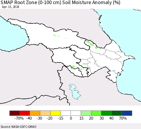 Azerbaijan, Armenia and Georgia SMAP Root Zone (0-100 cm) Soil Moisture Anomaly (%) Thematic Map For 4/11/2024 - 4/15/2024