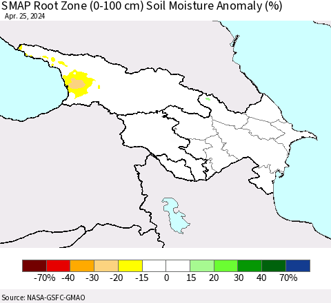 Azerbaijan, Armenia and Georgia SMAP Root Zone (0-100 cm) Soil Moisture Anomaly (%) Thematic Map For 4/21/2024 - 4/25/2024