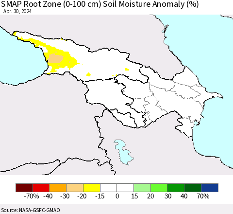 Azerbaijan, Armenia and Georgia SMAP Root Zone (0-100 cm) Soil Moisture Anomaly (%) Thematic Map For 4/26/2024 - 4/30/2024